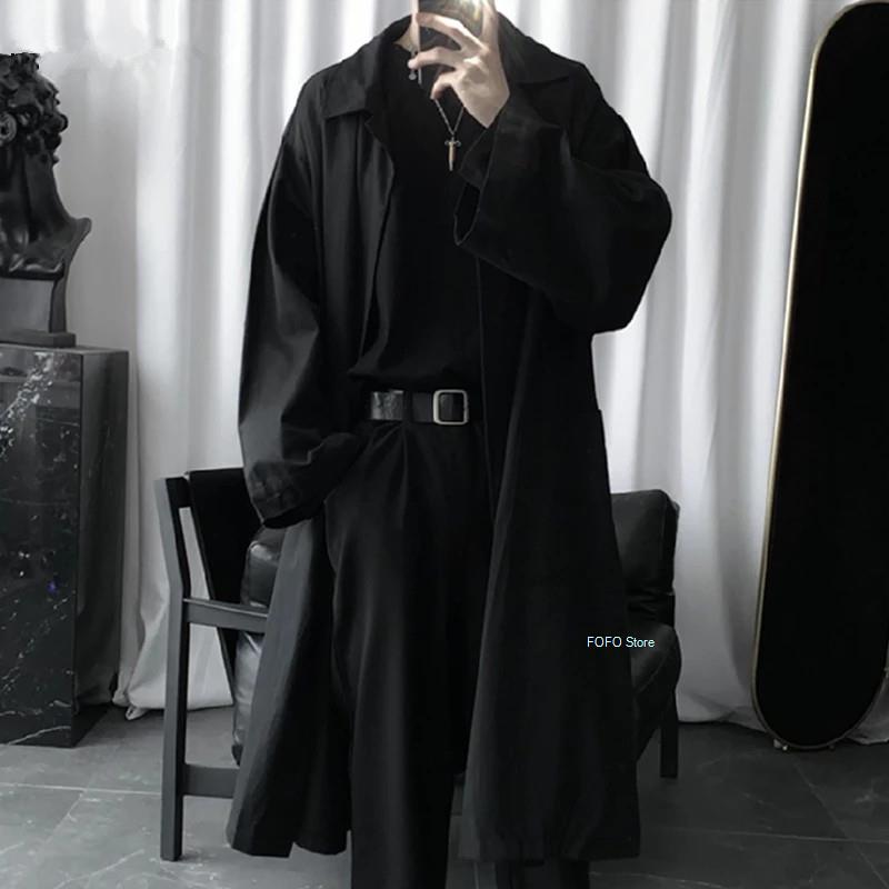 Autumn Long Black Oversized Trench Coat Men Long Sleeve Loose Dark Academia Aesthetic without Buttons 2022