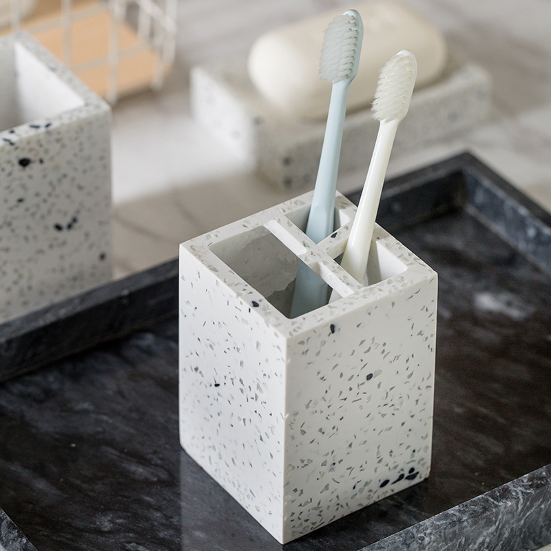 Blue Terrazzo Painted Bathroom Accessories Set Ceramic European Modern Household Four-piece Toothbrush Holder Soap Dish: Toothbrush holder