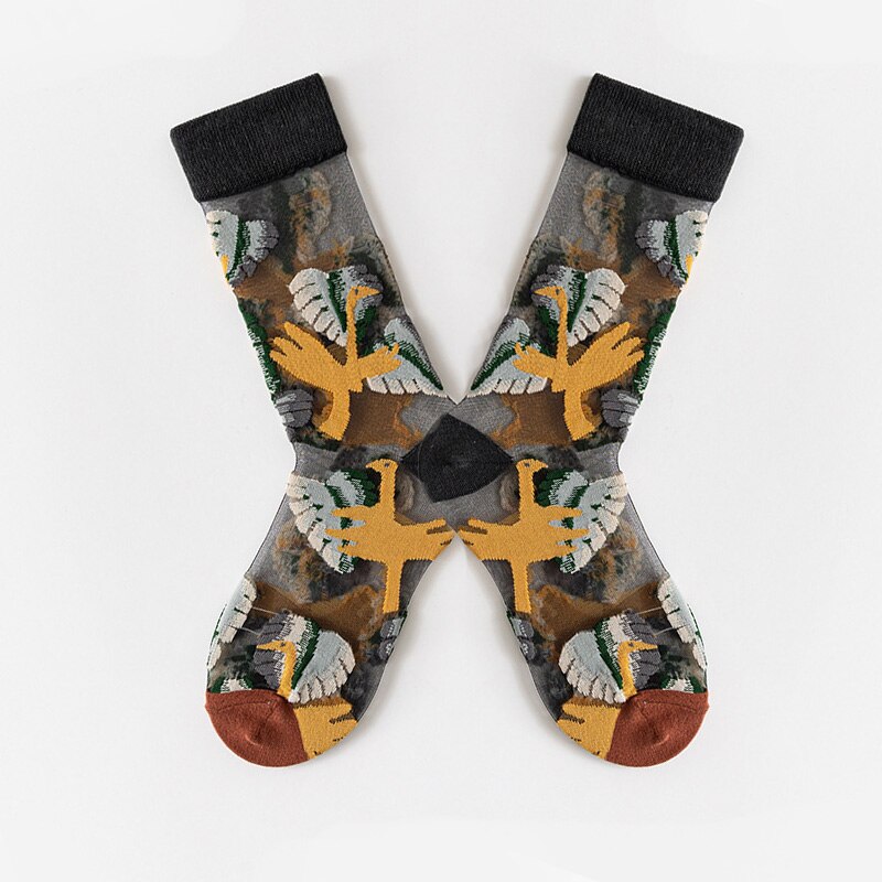 Japanese Korea Style Casual Transparent Crystal Silk Trend Women Socks Cartoon Fruit Ultrathin Glass Silk Socks Meias: Khaki