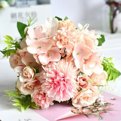 Ramo de boda de tendencia de Ins nórdico para novia, rosas de simulación hermosas, Flores artificiales para boda, Flores de utilería para fotografía: Pink Hydrangea rose
