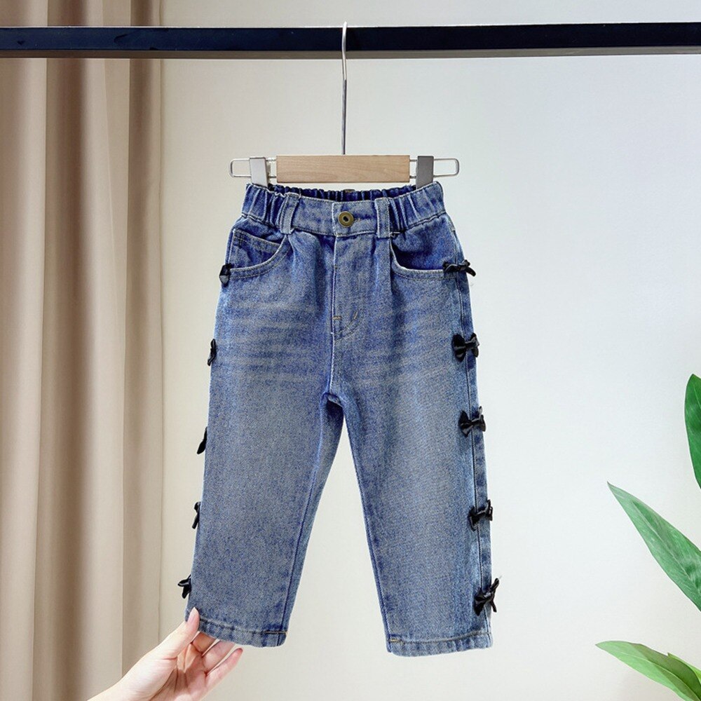 Pantalones vaqueros para niña y niño, pantalón vaquero con lazo para niño, Pantalón recto de princesa de estilo coreano, largo completo, S11307
