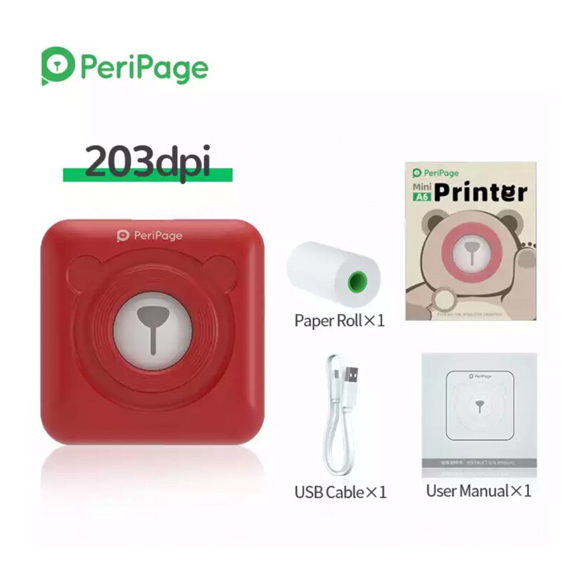 Peripage Portable Pocket Mini Photo Thermal Printer Wireless Sticker Printing Machine Free APP Support Multi-Language For Phone: Red Printer