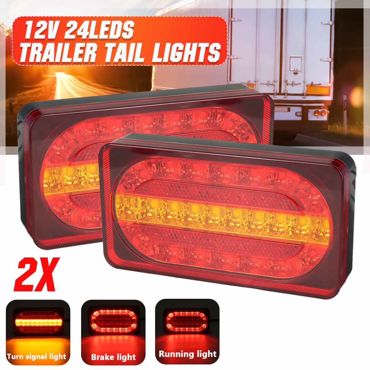 2 Stuks 12V Auto Vrachtwagen Led-achterlicht Achterrem Stop Lampen 24Leds Running Richtingaanwijzer Lichten waterdicht