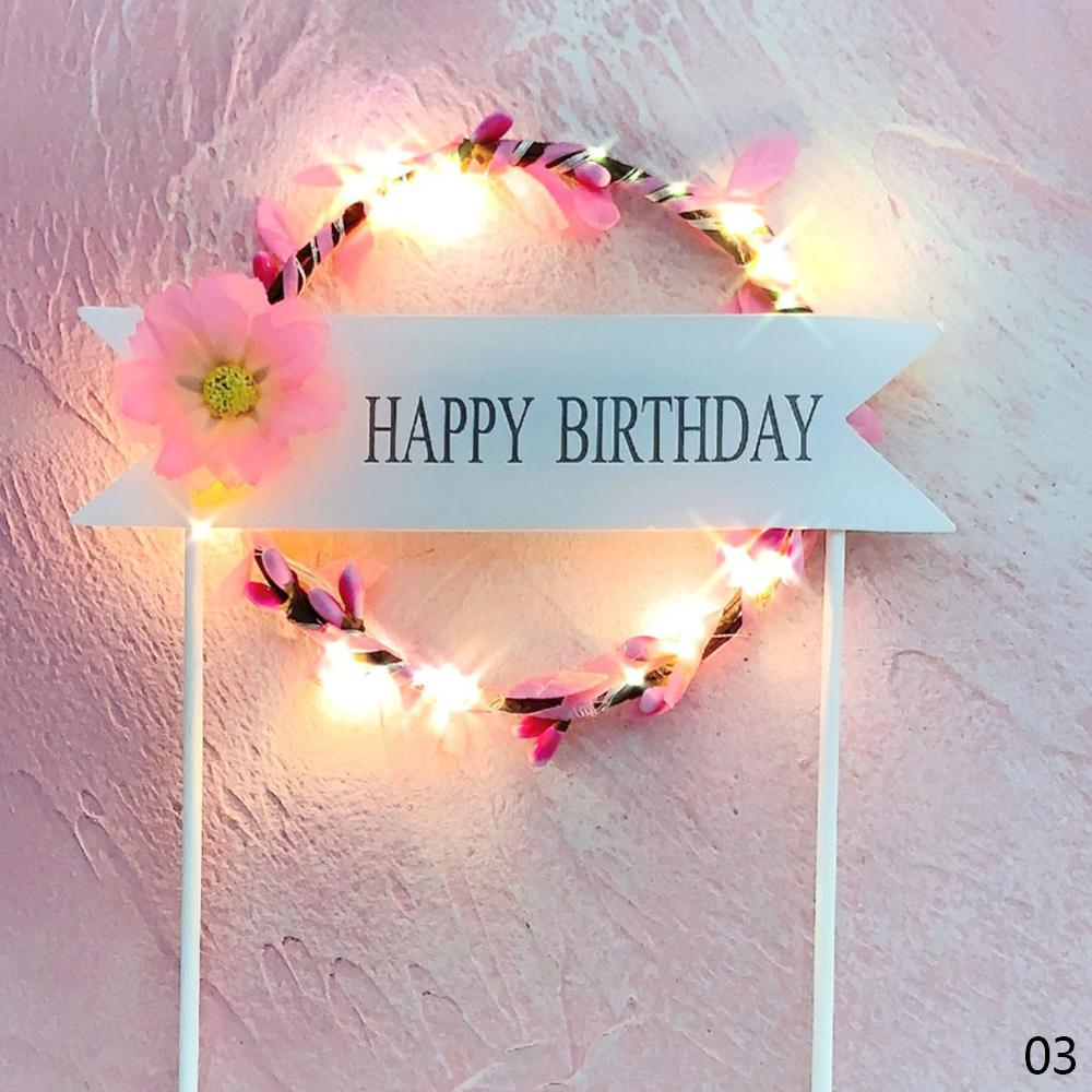 Golden Silvery Happy Birthday Cake Topper With LED Light Garland Letters Resuable Topper Cupcake Dessert Decor Party Supplies: Pink 01