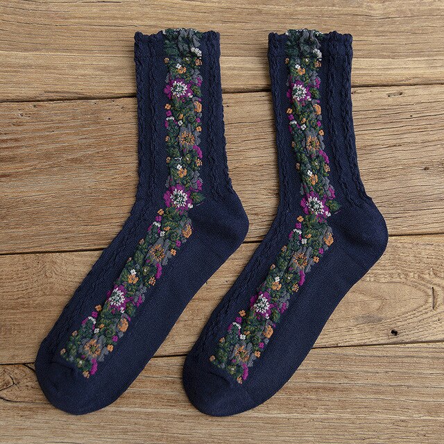 1 Paar Herfst En Winter Linnen Patroon Katoen Vrouwen Sokken Retro Kleine Bloemen Jacquard Mode Buis Sokken: navy