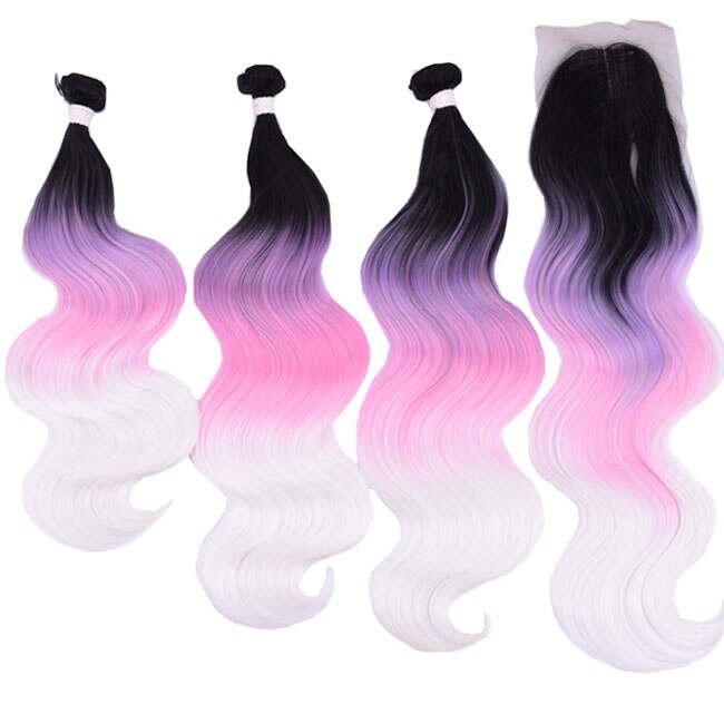 16-20inch Body Wave Synthetic Ombre Hair Bundles With Closure Purple Pink Green Middle Part 4Pieces/lot 230g: 4/27HL