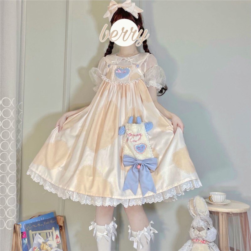Hstar Pink Lolita Kawaii Milk Cake Cow Print Lolita Dress Jsk Japanese Tea Party Lolita Daily Princess Dress Multiple Colors