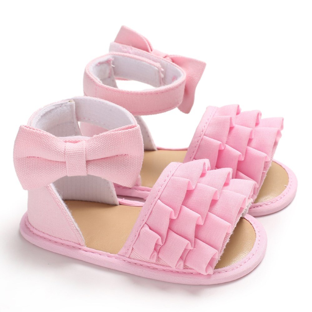 Chaussures d'été pour bébés filles 0-18M | Sandales pour bébés garçons filles, chaussures à berceau souple, mignonnes avec nœud papillon couleur bonbon, sandales à volants: Rose / 7-12 mois