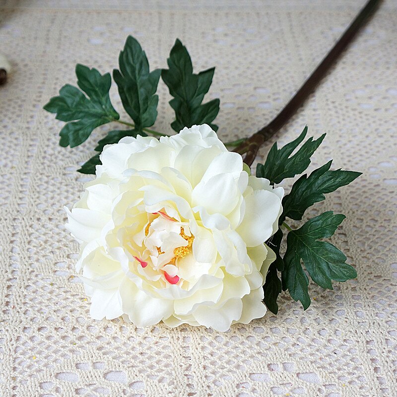 Öppen pion kort gren med blad siden konstgjorda blommor hem hotell inredning blommor konstgjorda bröllop dekoration blommor: D