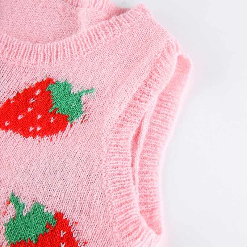 Gilet Tricot Fraise - Style Y2k Sans Manches - Top Court Col Rond