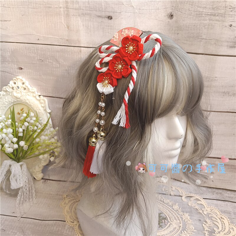 Pasadores Harajuku de estilo japonés para niña, Kimono, abanico de flor de cerezo, accesorios para el cabello, horquillas con Clip LATERAL con borlas suaves de Lolita: green