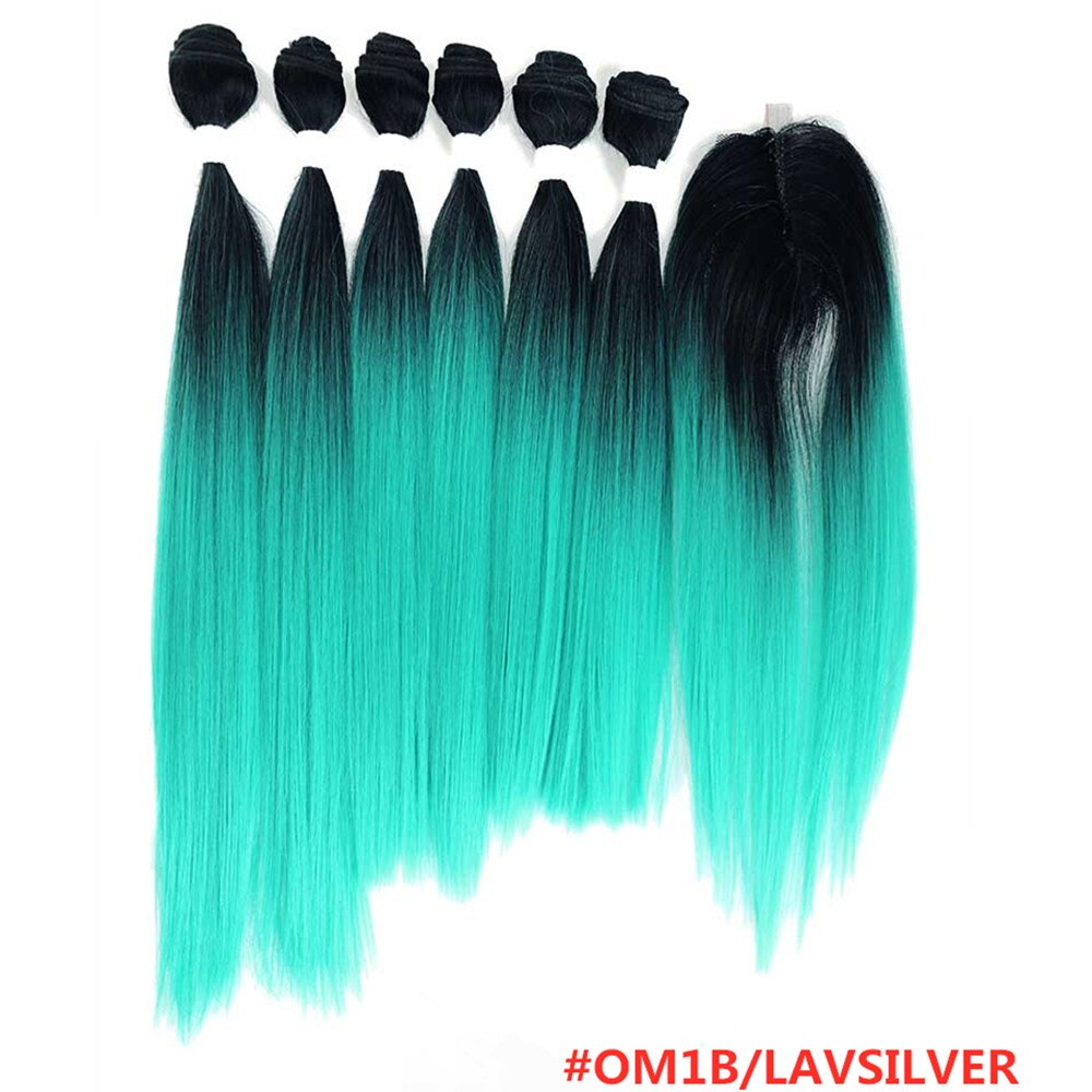Ombre Bruin Yaki Rechte Synthetisch Haar Bundels Met Sluiting 14-18Inch Soku Hoge Temperatuur Fiber Bundel Haar weven: OM1B TURQUOISE