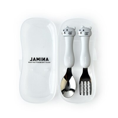 2Pcs Servies Cartoon Baby Lepels Kids Lepel En Vork Set Rvs Leuke Vork Lepel Kids Vork Baby Gadgets baby Lepel Set: Grijs