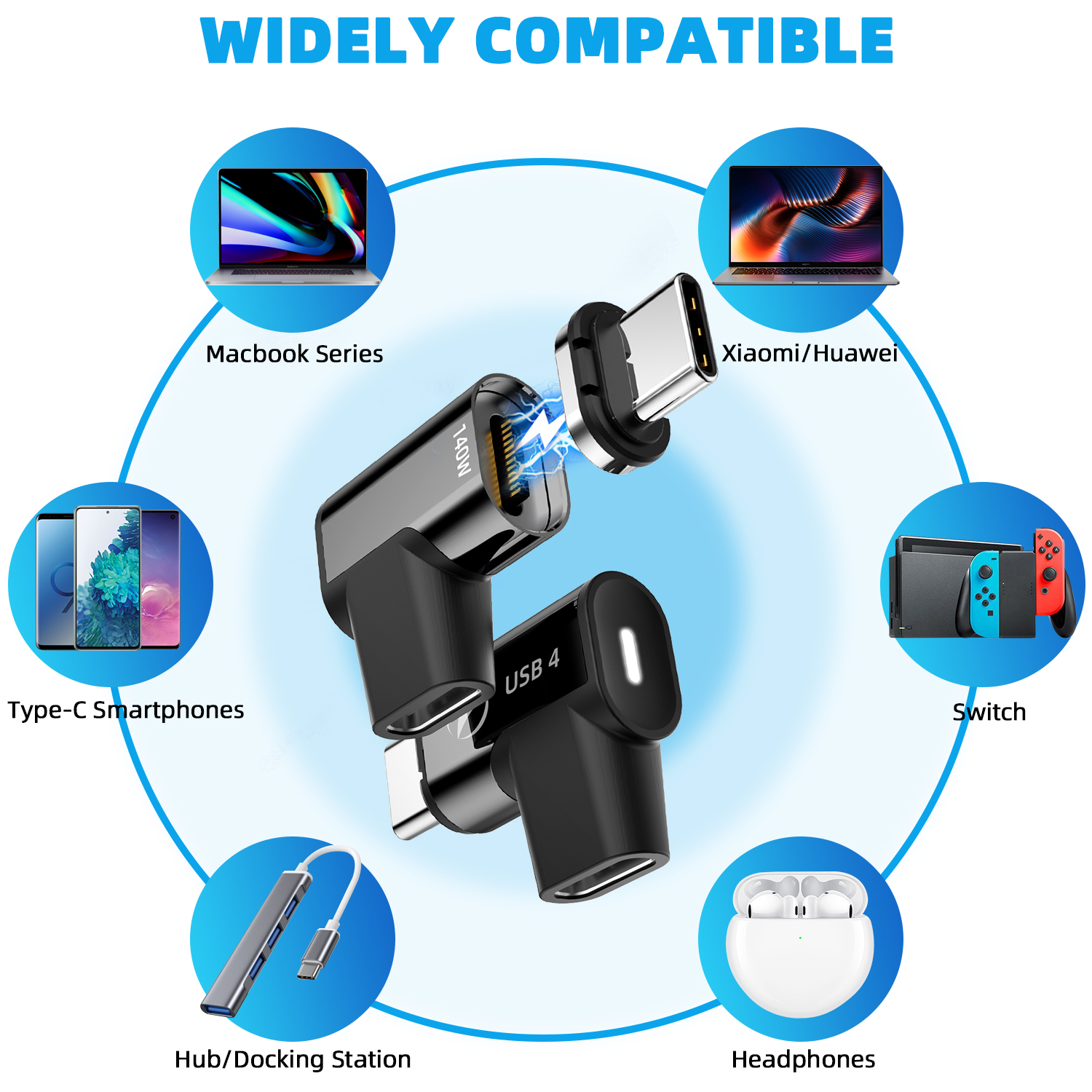 Adaptador magnético USB 4,0 de 140W, USB C a tipo C, 40Gbps, conector de Cable convertidor magnético de carga rápida, adaptador USB tipo C de 8K @ 60Hz
