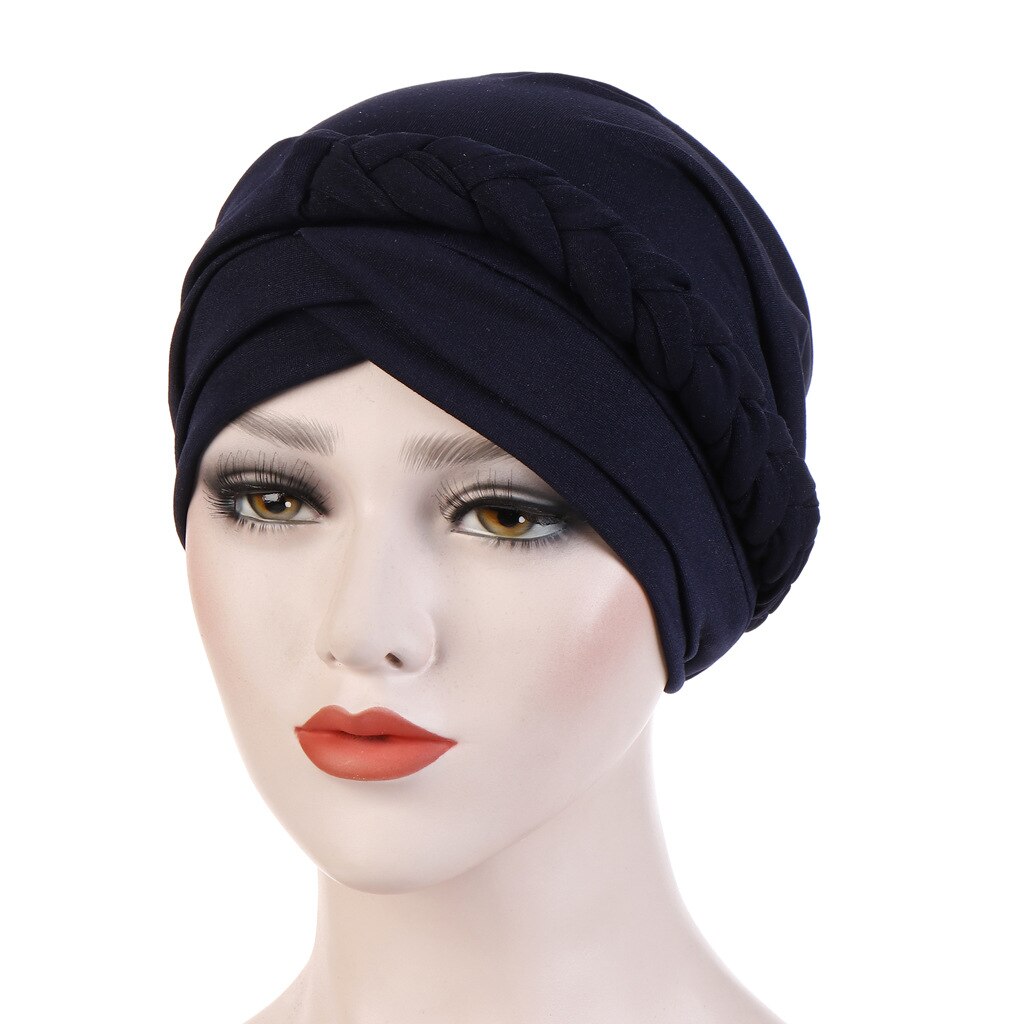 Vrouwen Dames Moslim Haaruitval Stretch Tulband Caps Kanker Chemo Hoed Effen Kleur Braid Head Sjaal Beanie Bonnet: Navy blue