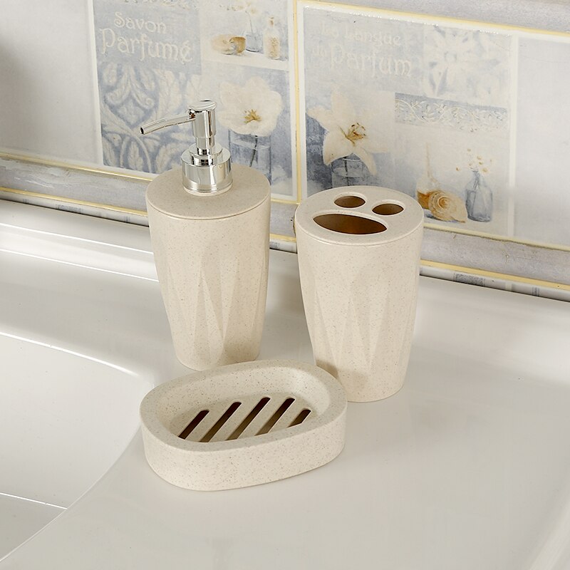 3 stk / sæt badeværelsestilbehør hvedehalm bpa fri sæbeopvask dispenser tandbørsteholder vaskerumdragt: Beige