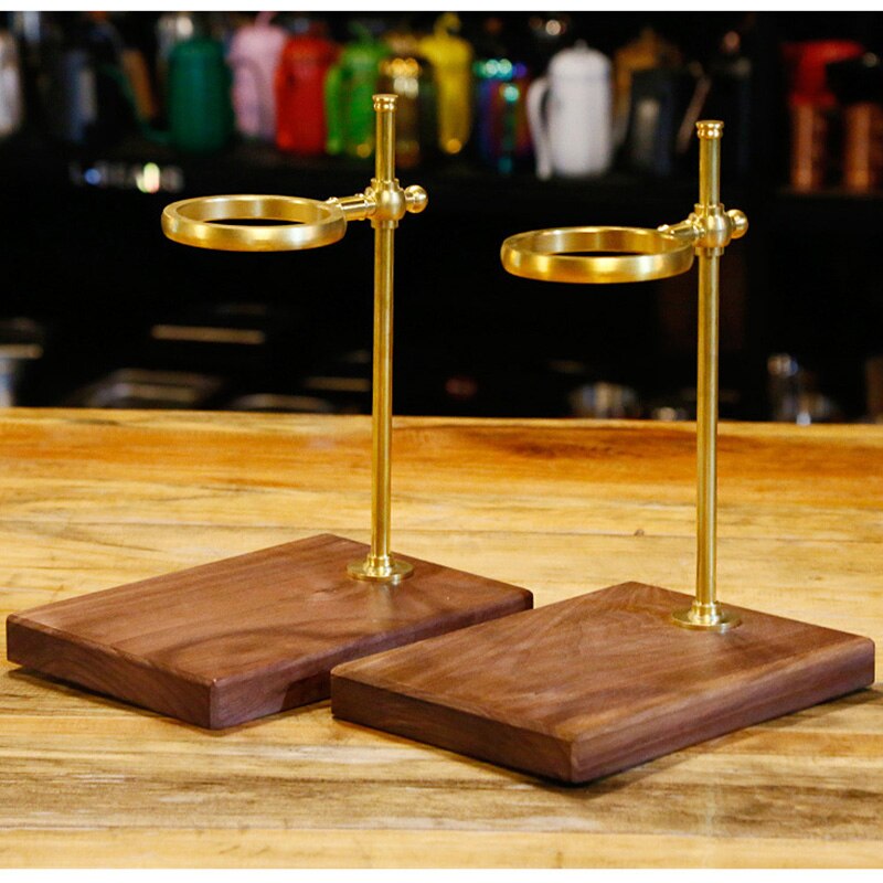 Pour Over Stand Coffee Station Adjustable Height, Brass Holder with Walnut Base, Glass Dripper Filter Cup and Coffee Pot
