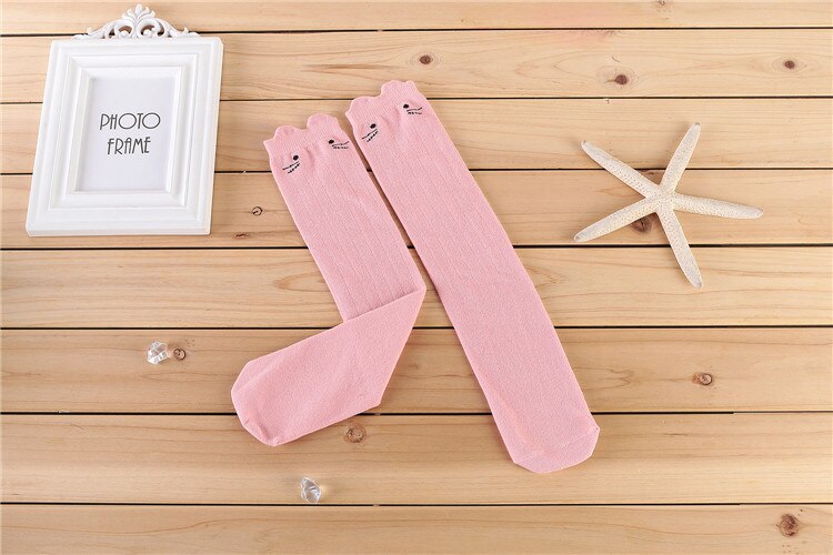 Kid piger sokker børns knæhøje sokker med kat mønster baby benvarmere bomuld prinsesse stil skolepiger lange sokker: Lyserød