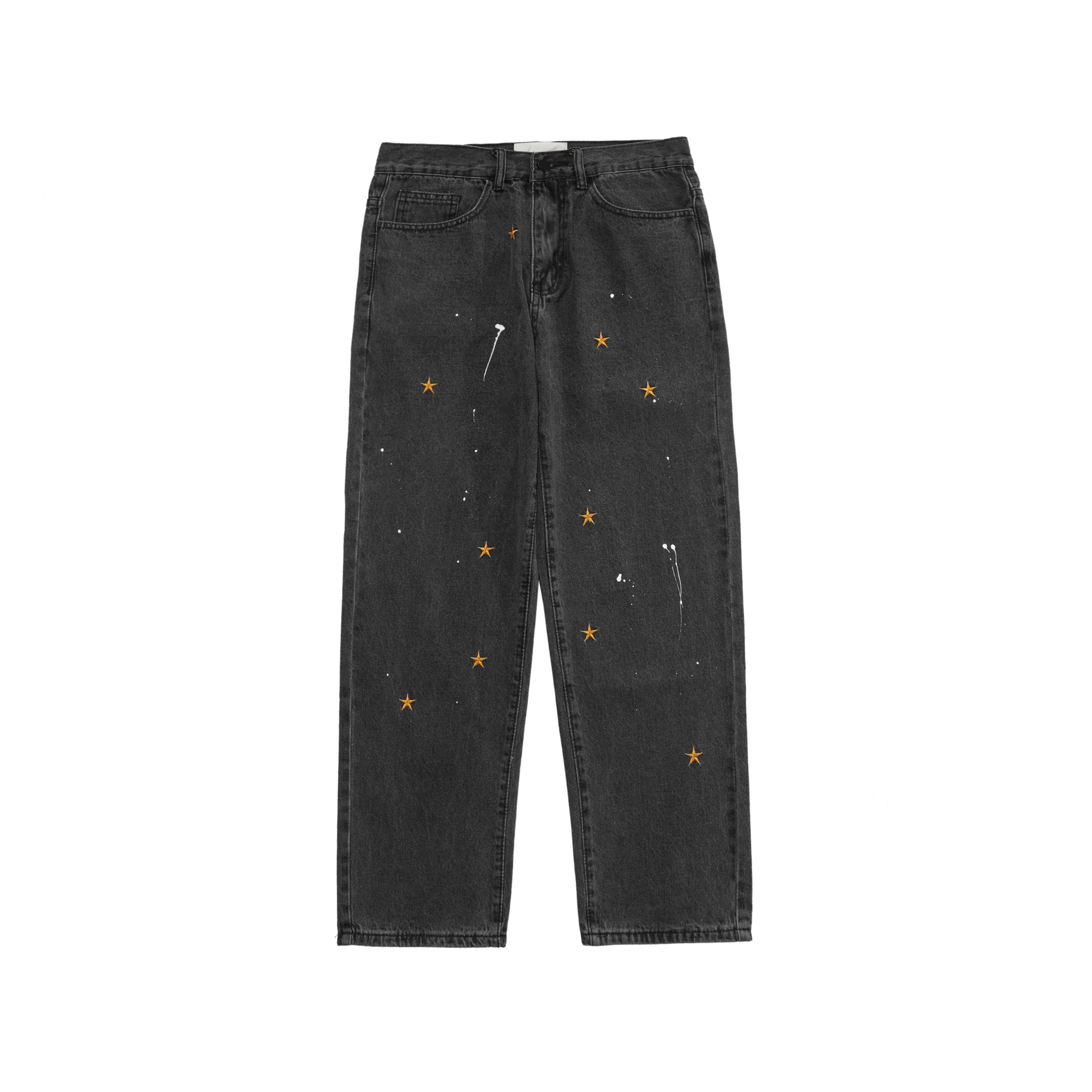 Iefb / herrkläder street splash-ink broderade lösa jeans trendiga raka vintage pappa byxor män hip hop jeansbyxor 9 y 4180: Svart / L