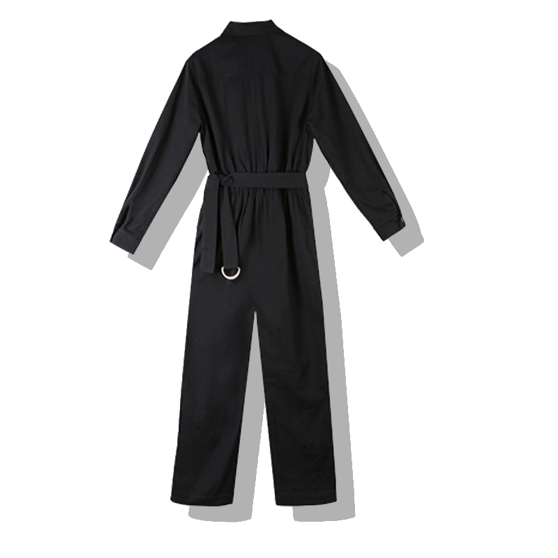 Dame jumpsuit romper langærmet safari stil sort vinter efterår jumpsuit kvindelige streetwear overalls med bælte  wj50