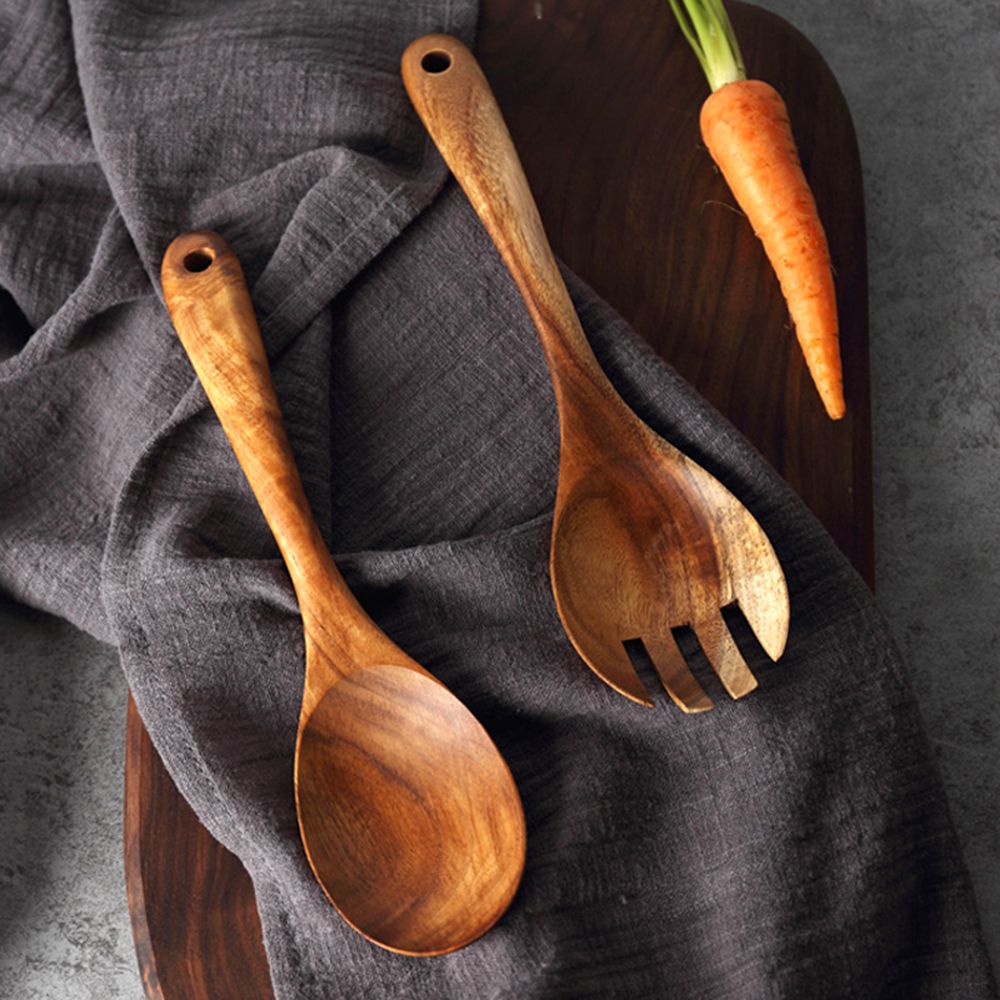 Natürliche Küche Holz Löffel einstellen Große Salat Abendessen Portion Löffel Server Holz Gabel Löffel Besteck einstellen Holz Utensilien Geschirr