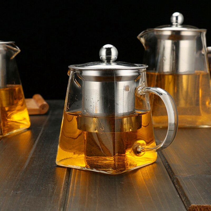 Nueva tetera de vidrio resistente al calor con infusor de acero inoxidable, recipiente calentado, tetera, buena hervidor transparente, cestas de filtro cuadradas