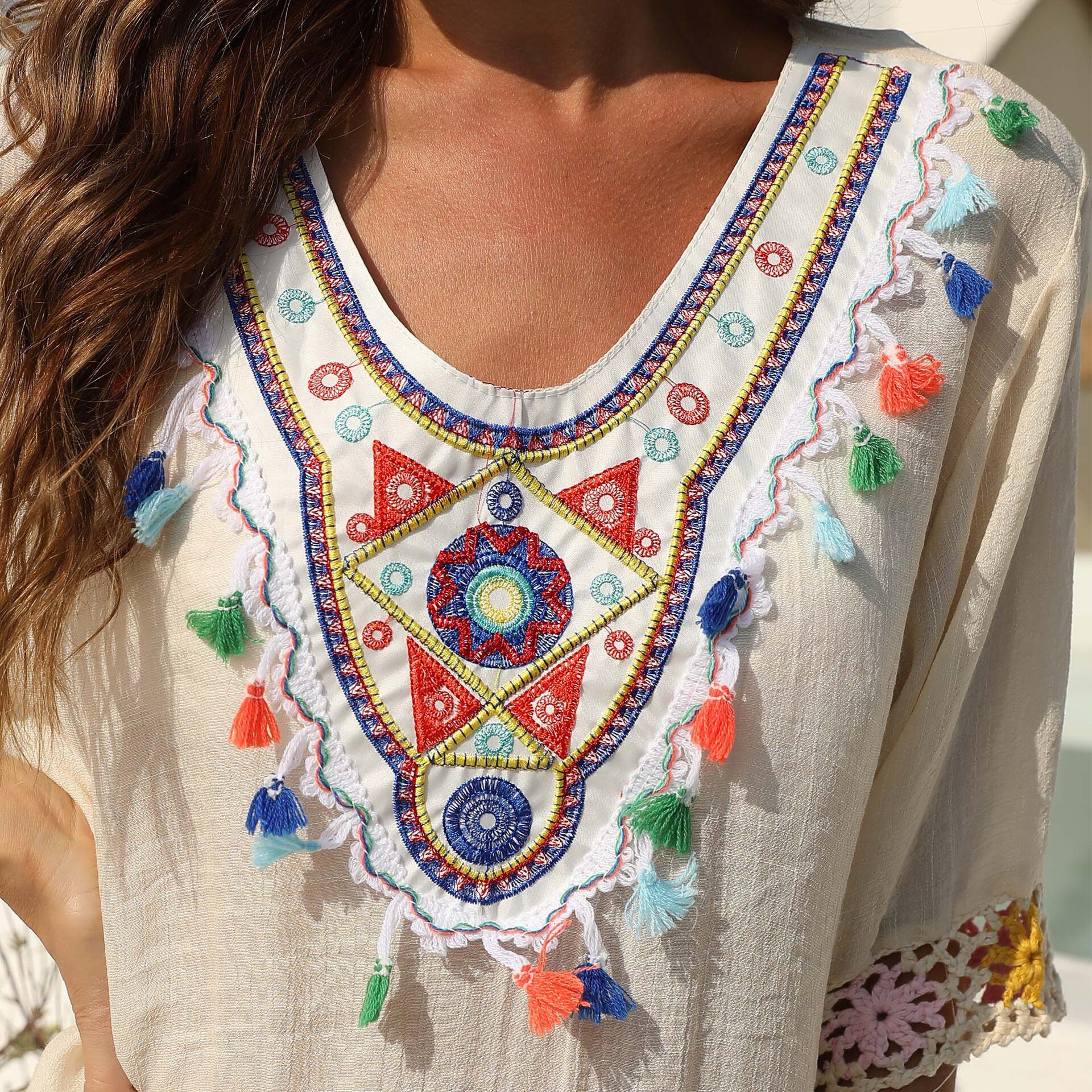 Summer Womens Beach Smock Dress Ethnic Colorful Embroidered Hand Crochet Paneled 5/4 Sleeve Loose Dress Skin Friendly