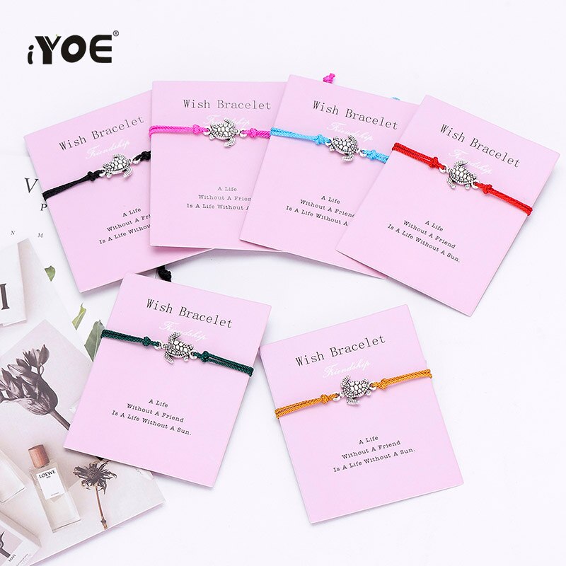 IYOE Friendship Sea Turtle Card Wish Charm Bracelet For Women Men Kids Vintage Animal Lucky Red String Bracelets Friends Lover