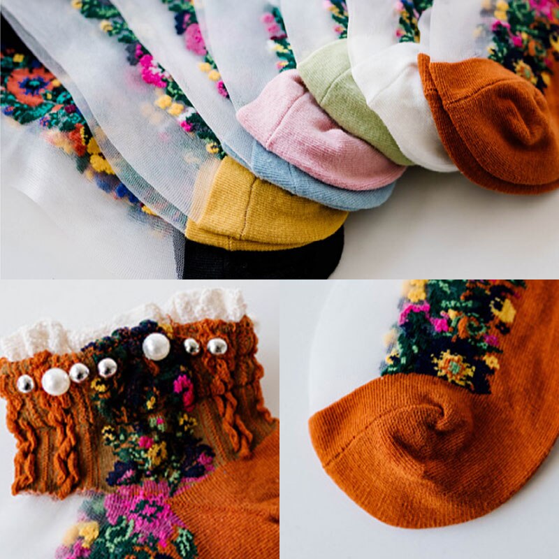 Spring Summer Retro Ankle Socks Pearl LIttle Floral Sock Mesh Patchwork Breathable Cotton Scck Cute Soft National style Hosiery