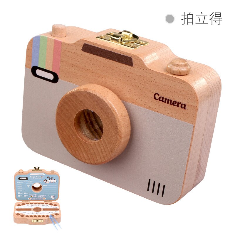Wooden Baby Teeth Box Baby Tooth Keepsake Box Camera Shaped Wooden Container Storage Teeth Kids Tandendoosje Caja Dient: Polaroid