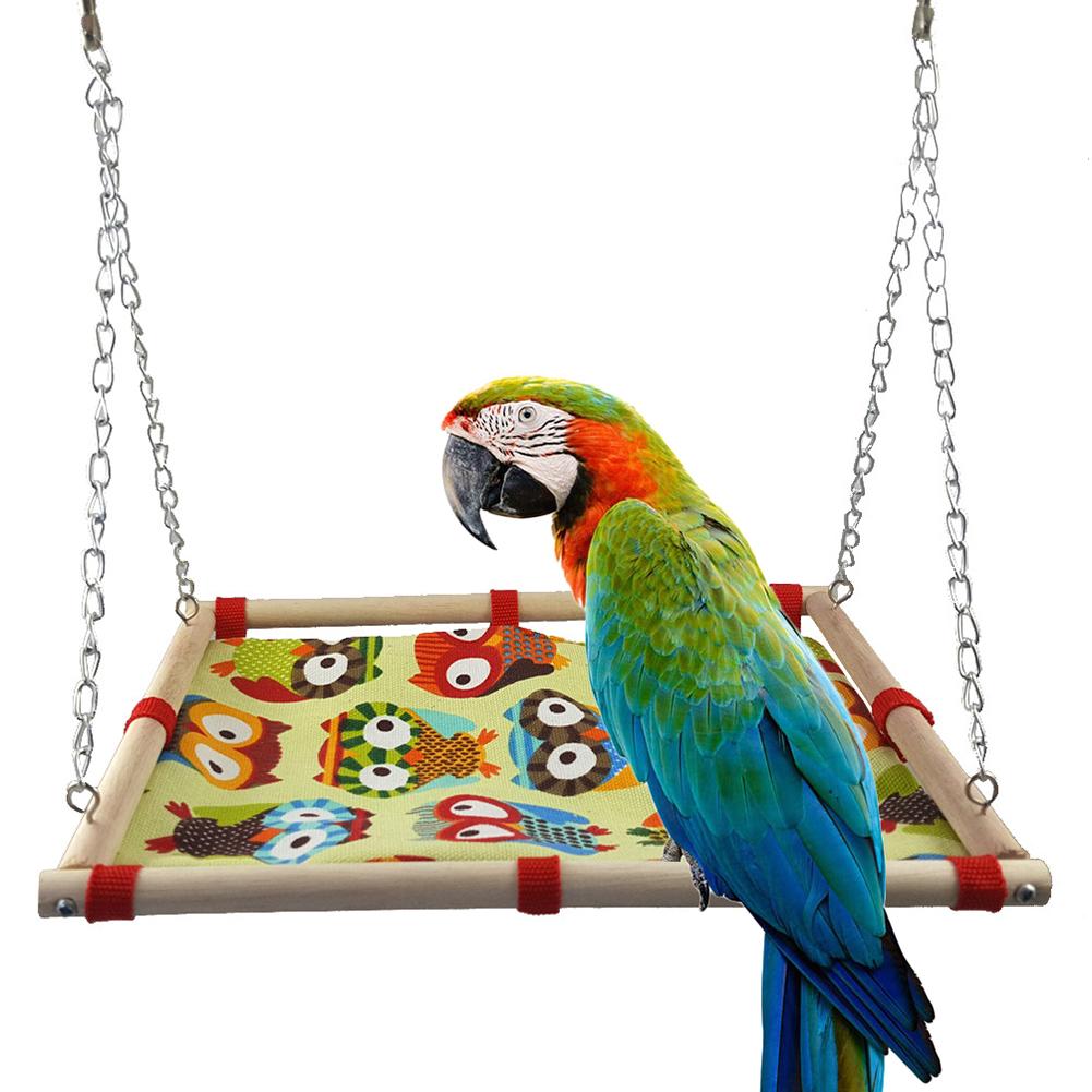 1pc Papegaai Swing Opknoping Bed Houten Frame Cartoon Uil Print Canvas Huisdier Vogel Speelgoed