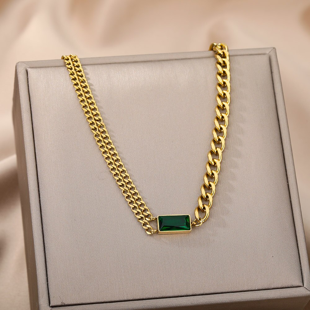 Vintage verde zircon pingente colares para mulheres minimalista ouro punk cubana corrente gargantilha colar elegante presente de jóias de aniversário
