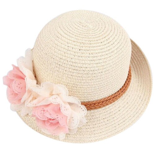 Sombreros para niños y niñas, gorro de paja con flores, transpirable, a prueba de sol, color Beige, blanco, rosa y caqui: Beige