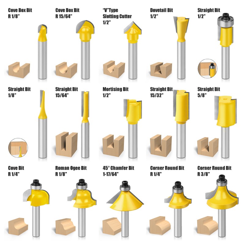 15 st fräsar fräsbitssats 1/4 8mm skaft träskärare hårdmetallfräs träbearbetning trimning gravyr snidning skärverktyg