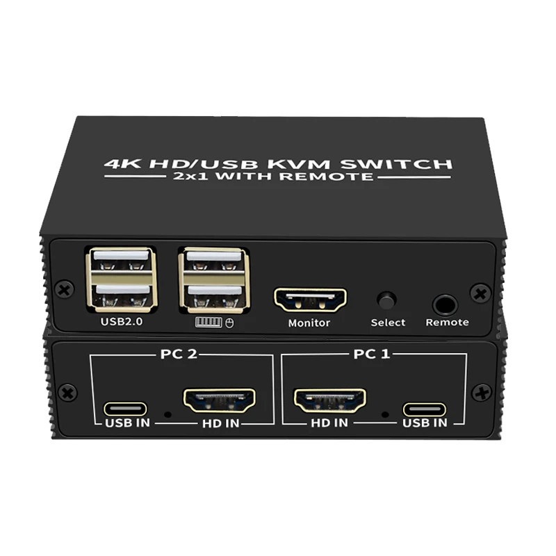 HDMI KVM Switch 2x1 4K HDMI USB Switch Selector 2 in 1 out with 4 Port USB Hub Desktop Controller Sharing Monitor Mouse Keyboard