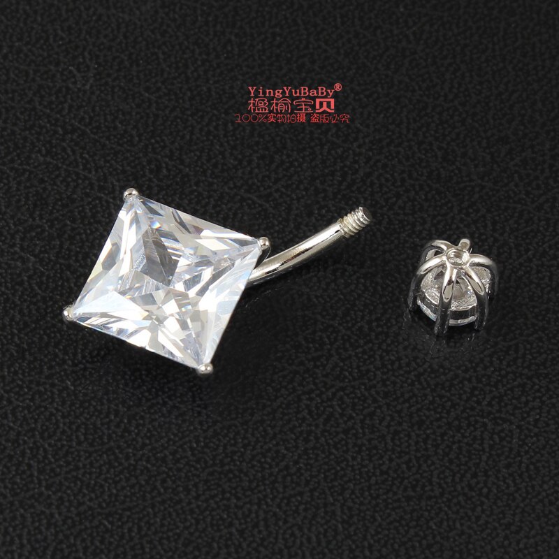 925 Sterling Zilver Vrouwen Belly Button Ring Vierkante Zirkoon Clear Grote Steen Body Sieraden Echt Fijne Sieraden