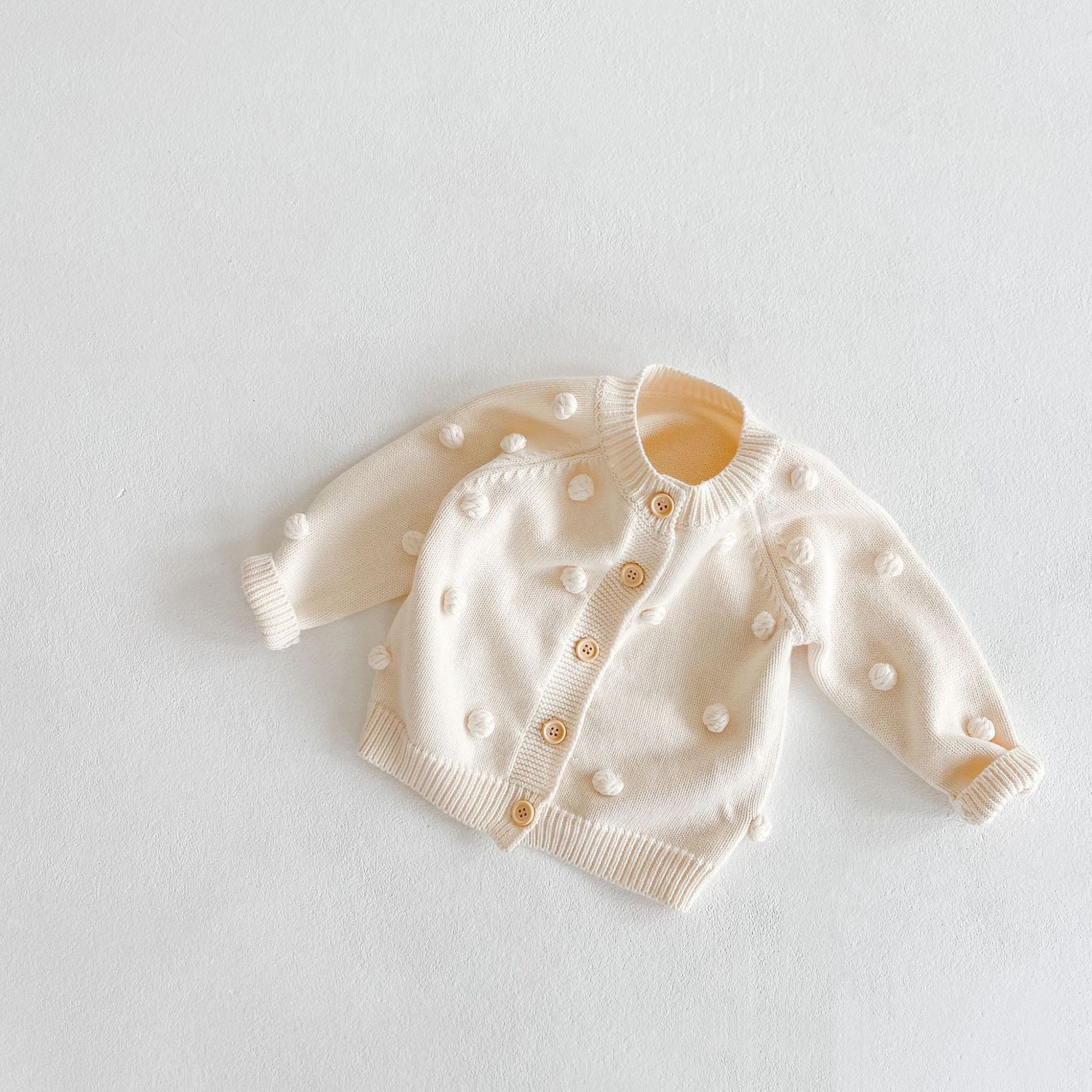 Lente Peuter Pasgeboren Lange Mouw Gebreide Jassen Jas Katoen Kids Tops Baby Meisjes Pompom Trui Gebreide Vesten: apricot white / 6M   66cm