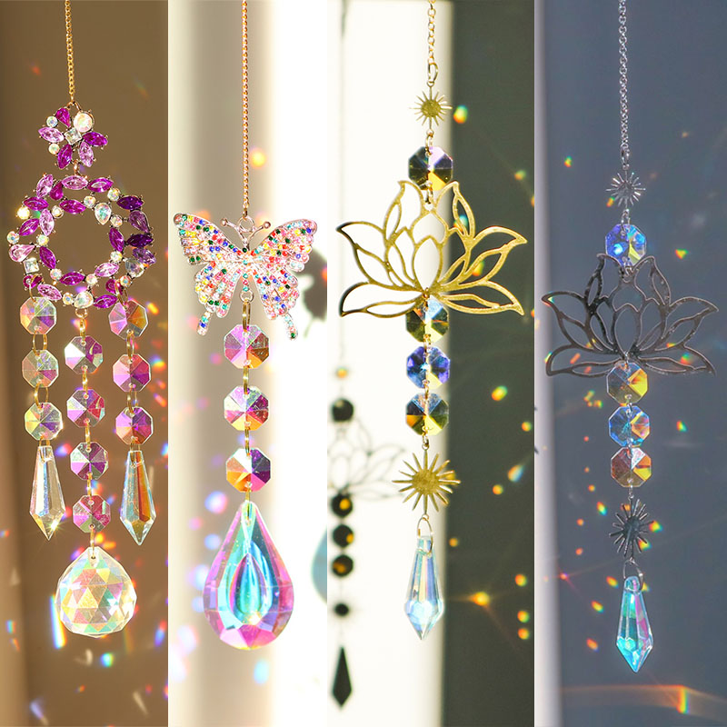 Crystal Diamond Moon Sun Catcher Butterfly Lotus Rainbow Christmas Decoration Home Garden Decoration Wind Chime
