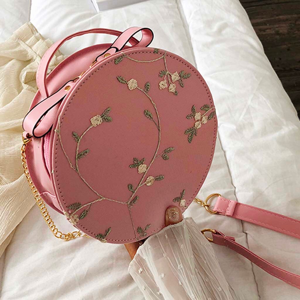 Doce laço redondo bolsas de alta qualidade couro do plutônio feminino crossbody sacos pequena flor fresca bolsa ombro