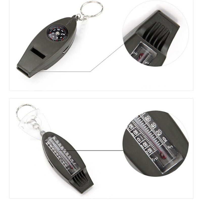 Mini Outdoor 4 In1 Survival Kompas, Thermometer, Vergrootglas, Fluitje Sleutelhanger Sleutelhanger