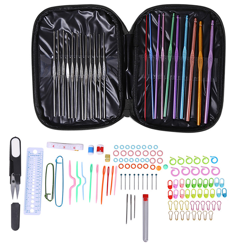 100-herramienta para tejer conjunto de aluminio conjunto de ganchos de ganchillo hilado utensilios para costura con aguja Kit fácil para llevar a casa el producto textil: Black