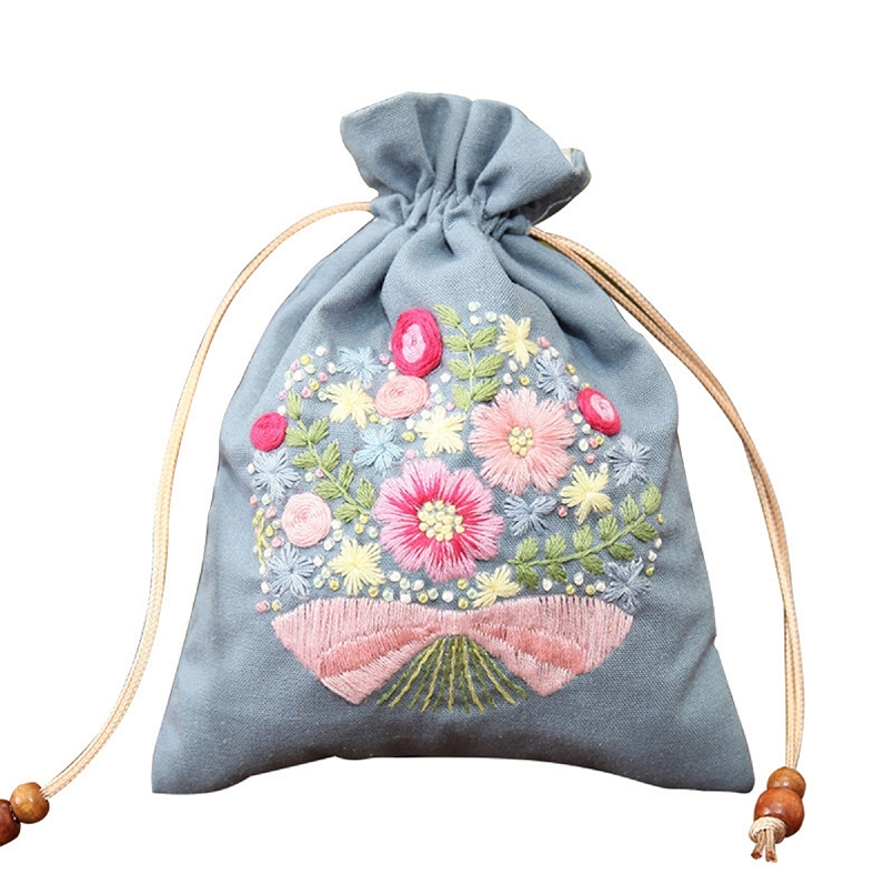 Cotton Linen Pouch Bag Embroidery Kit, Laundry Bag, Nursery Decor, Toy Storage Bag, Bread Bag, Embroidery , 22 x 17 cm (C)