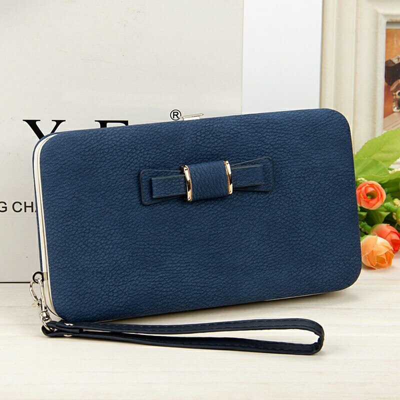 Baellerry Wallet Women Metal Frame Snap Button Coin Purse Mobile Phone Bag Bow Female Bag Good Support Name Engraving: Deep Blue