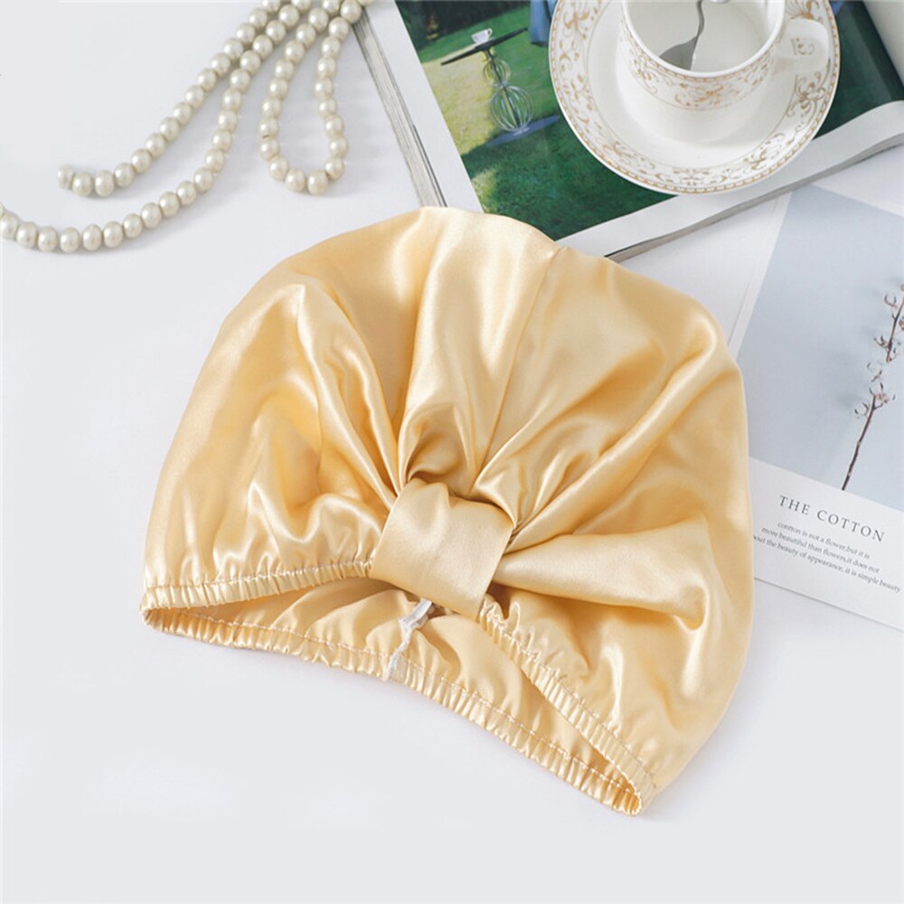 100% Mulberry Silk Sleeping Cap Night Silk Sleeping Bonnet Cover for Women with Elastic Ribbon for Hair Care Long Hair 19 Momme: champagne