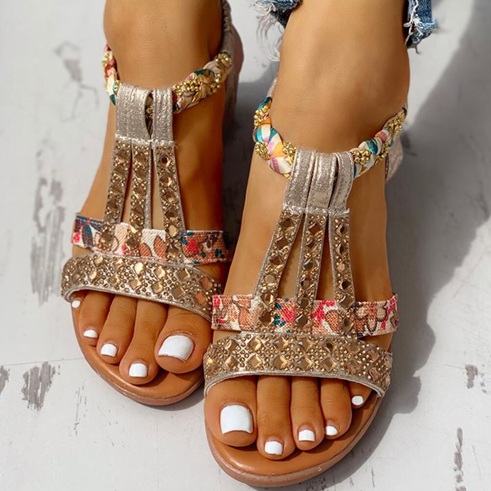 Gladiator Sleehak Elastische Band Kristallen Zomer Vrouwen Schoenen Vrouw Sandalen Strand Sandalen