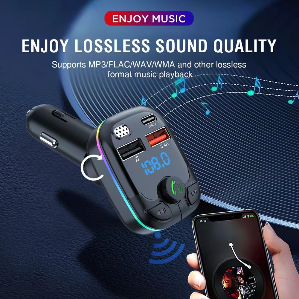 Auto Bluetooth 5.0 FM Absender 12/24V Freisprecheinrichtung Dual USB Umgebungslicht TF Karte MP3 Spieler Typ-C PD20W QC3.0 3,4A Schnellladegerät
