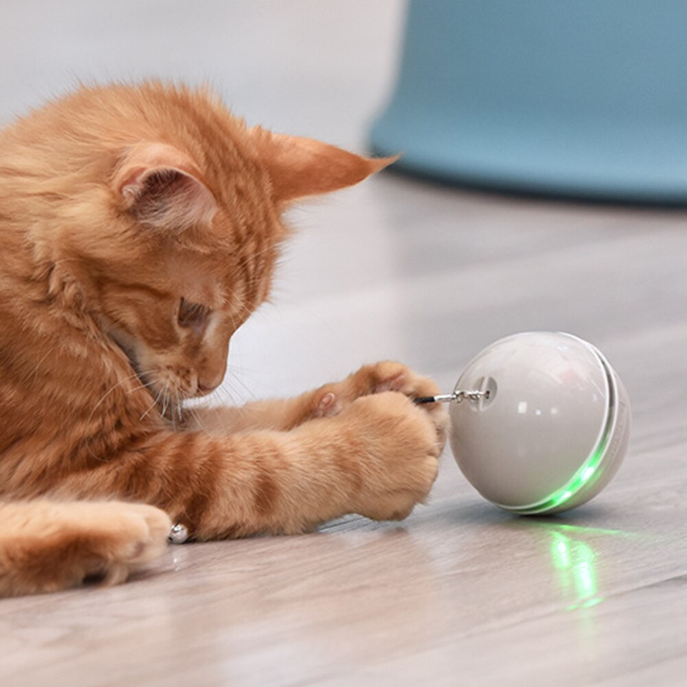 Juguete interactivo para gatos con carga USB, bola giratoria automática, juguete de plumas, LED/campana integrada