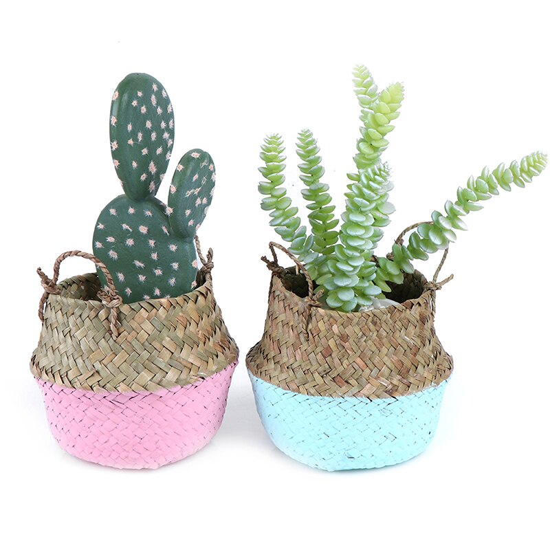Mini Bambus Lagerung Körbe Faltbare Wäsche Stroh Patchwork Weide Rattan Seegras Bauch Blumentopf Pflanzer Handgemachte Korb