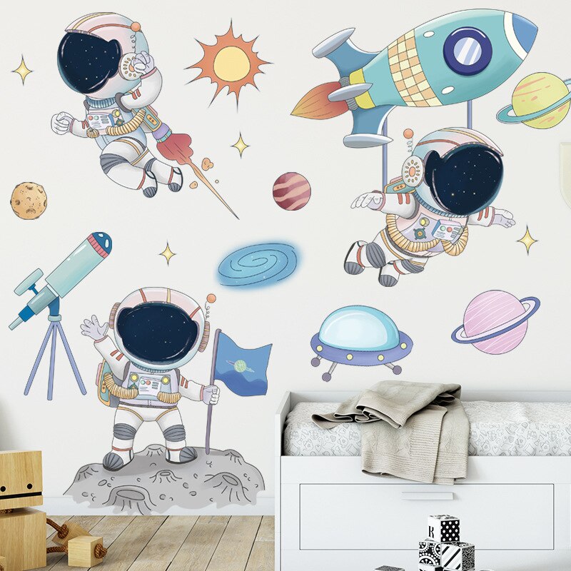 Autocollant mural d'astronaute en vinyle de dessin animé, stickers muraux amovibles pour bricolage, pour enfants garçons, chambre à coucher, pépinière, papier peint pour la maison