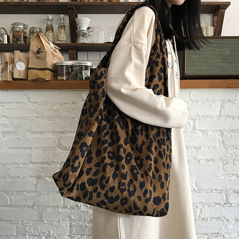 kordfløyel leopardprint bag dame skulder uformelt tote handlekurv stor kapasitet vesker totes kvinner